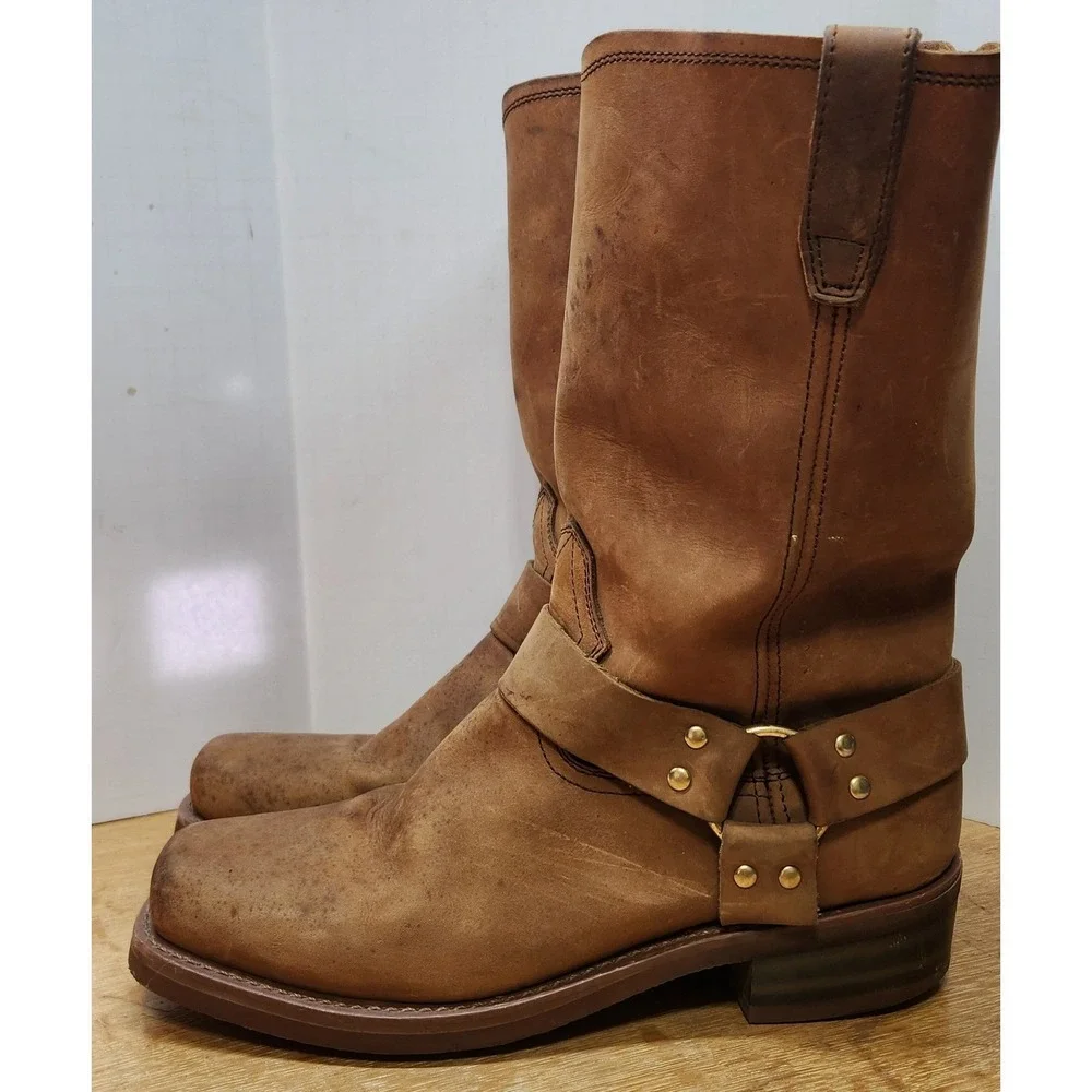 Dingo Dean Tan Harness Boots Square Toe Biker Pull On Brown Distressed Size 11 D